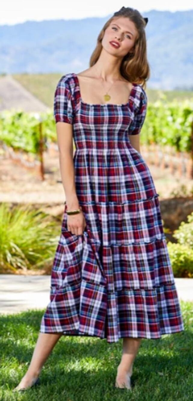 Maxwell and Geraldine The Kate Midi Dress Red Plaid Smocked Puff Sleeve Medium